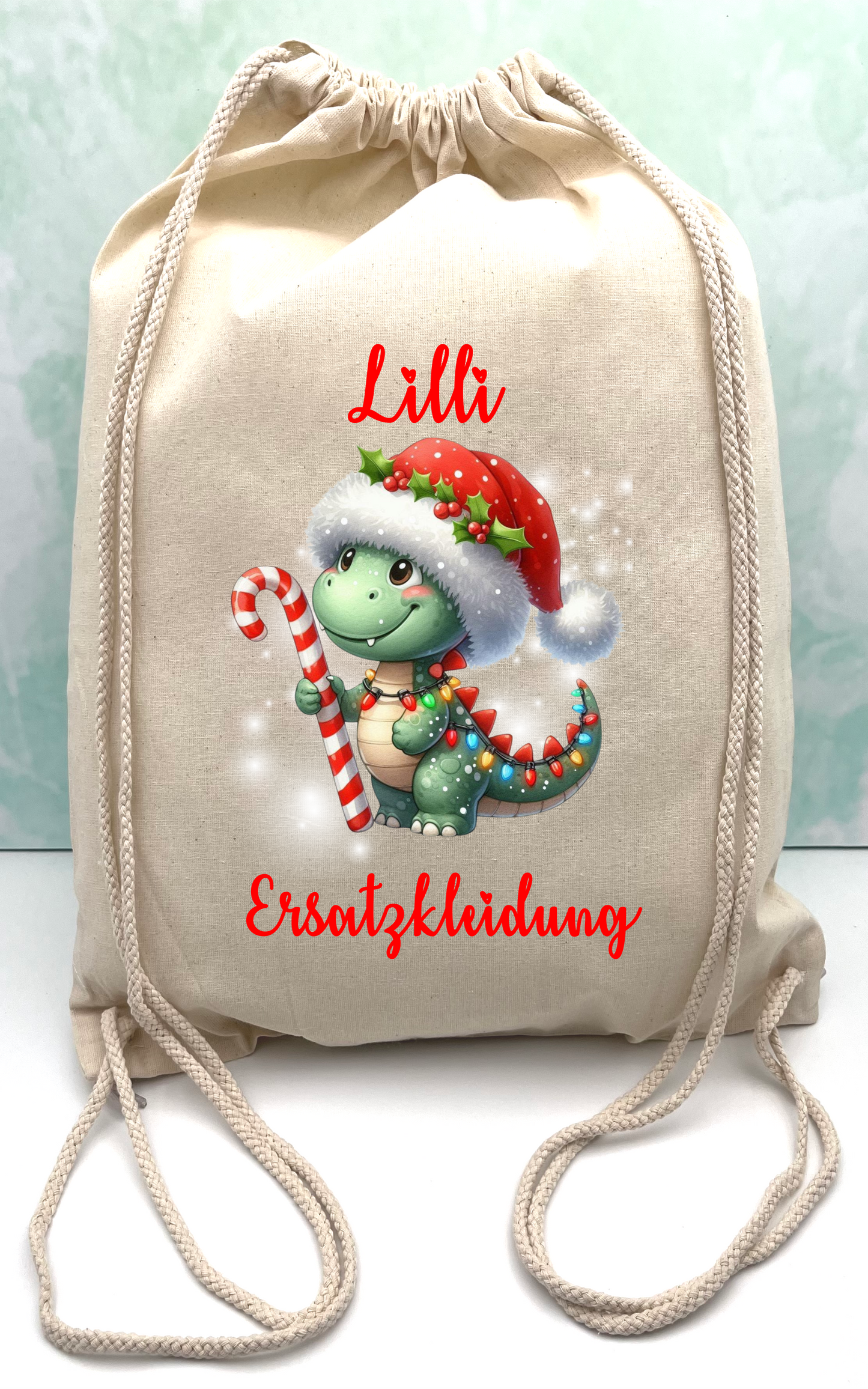 Kindergarten-Ersatz Kleiderbeutel - Personalisiert DINO - Weihnachten