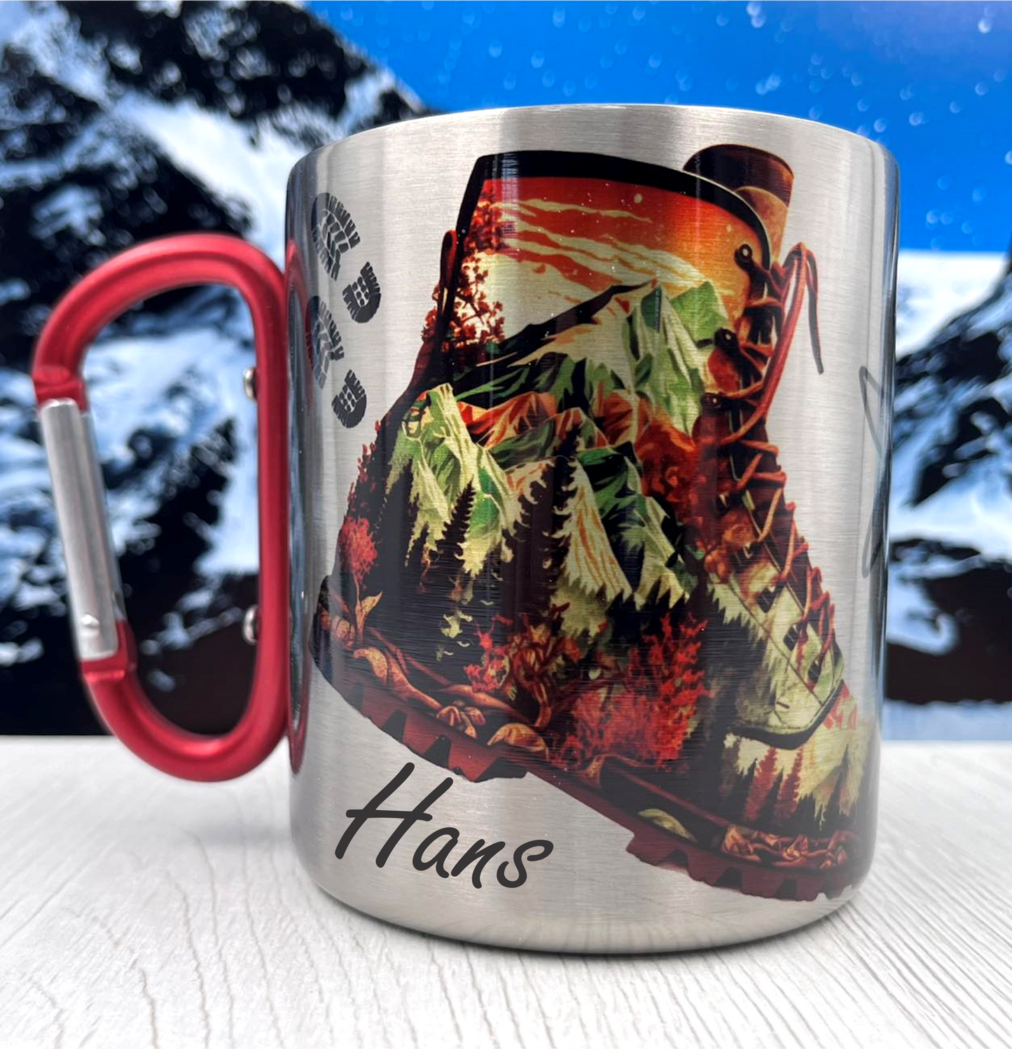 Wanderstiefel - Personalisierte Metallbecher mit Karabinerhaken