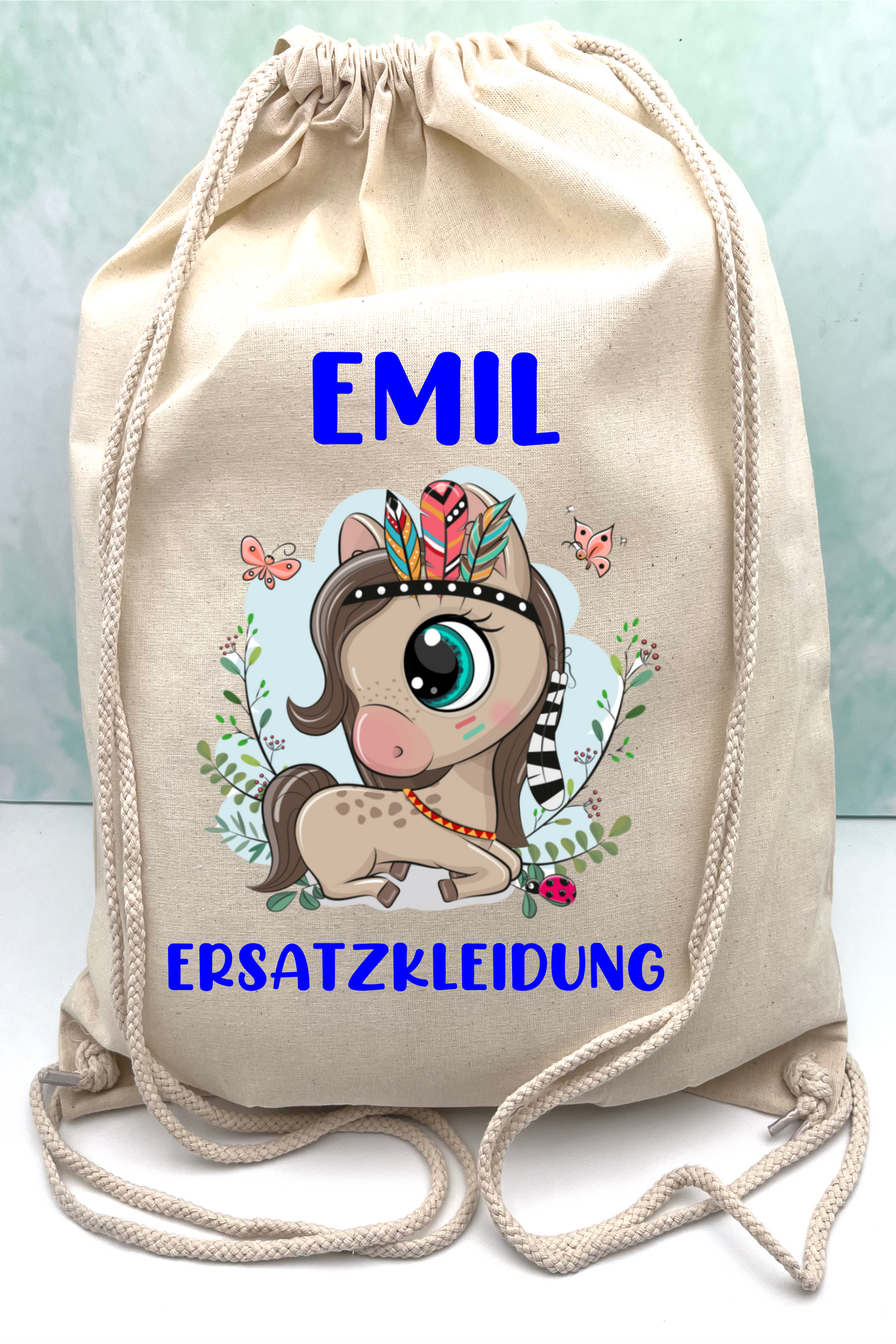 Beutel für Ersatzkleidung für den Kindergarten-Personalisierte Pferd BLAU