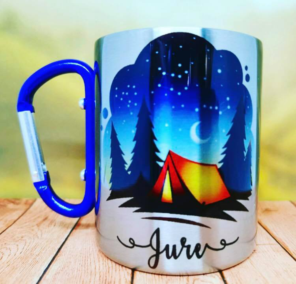 Ein zelt mit einem namen - Personalisierte Metallbecher mit Karabinerhaken