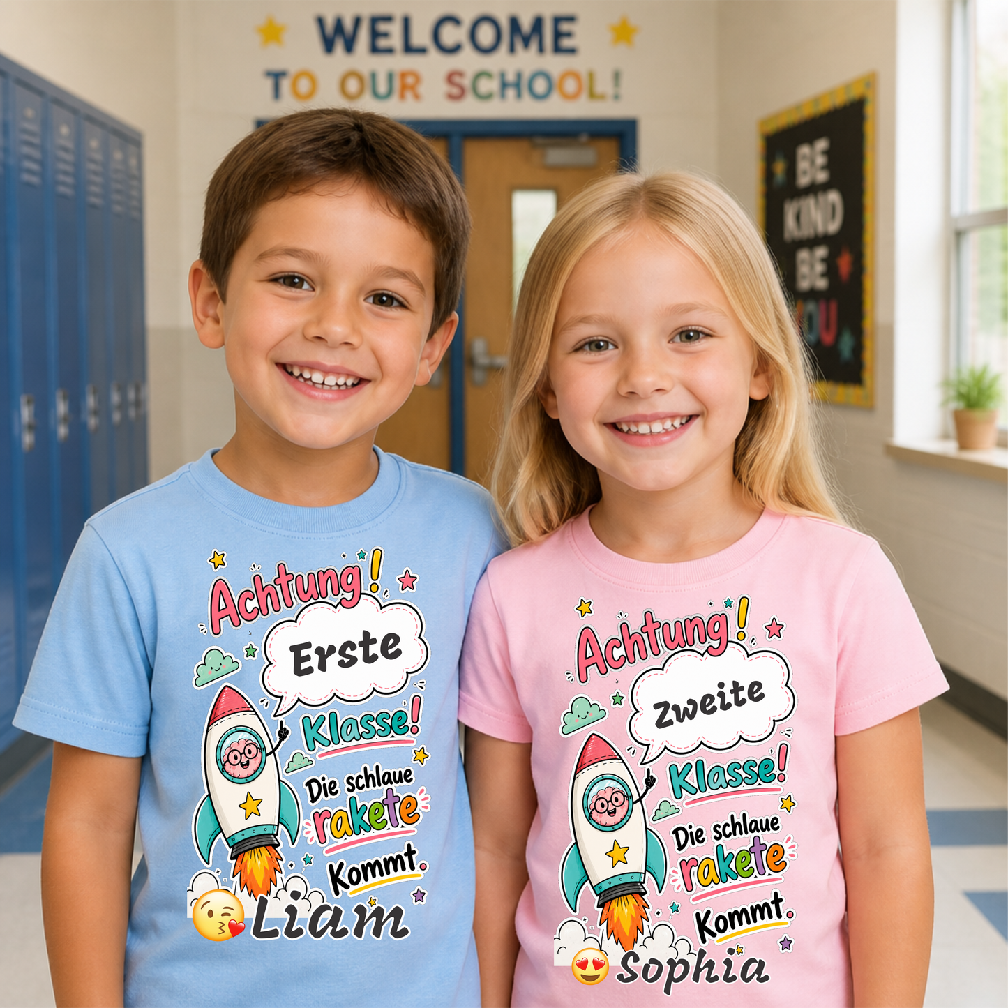 Kinder-T-Shirt „Schlaue Rakete“ – Einschulungsshirt mit Wunschklasse