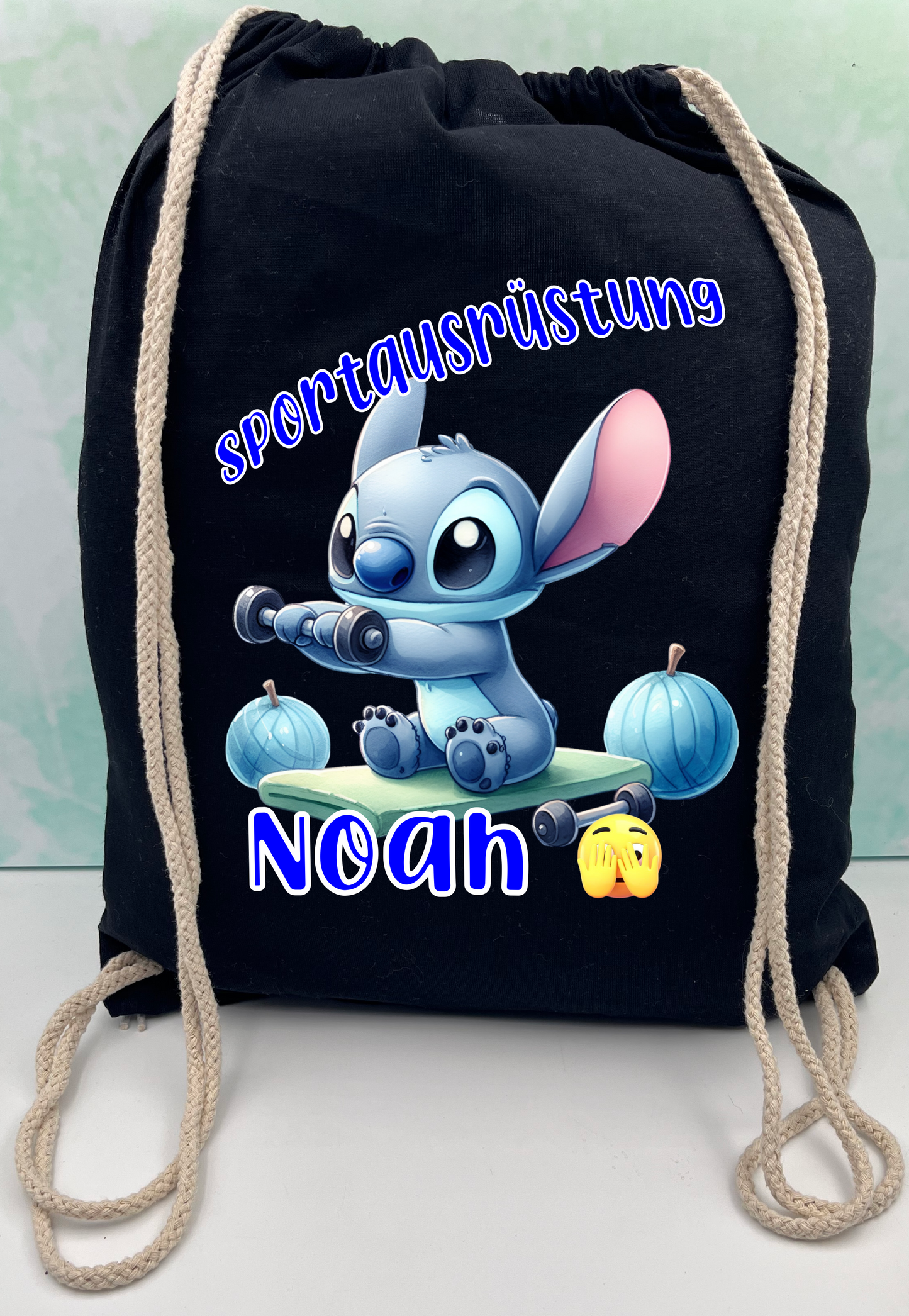 Black bag for kindergarten school, sports equipment stitch personalized.