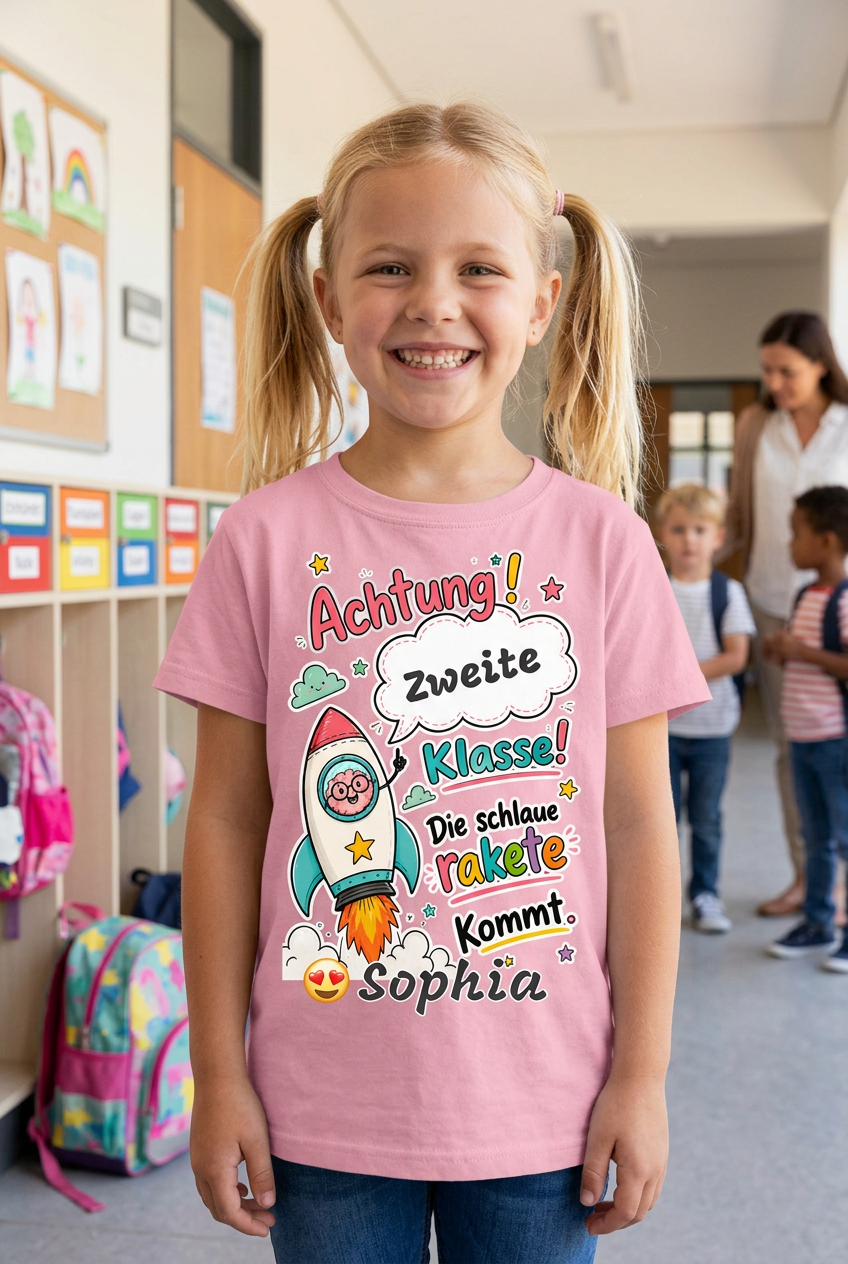 Kinder-T-Shirt „Schlaue Rakete“ – Einschulungsshirt mit Wunschklasse