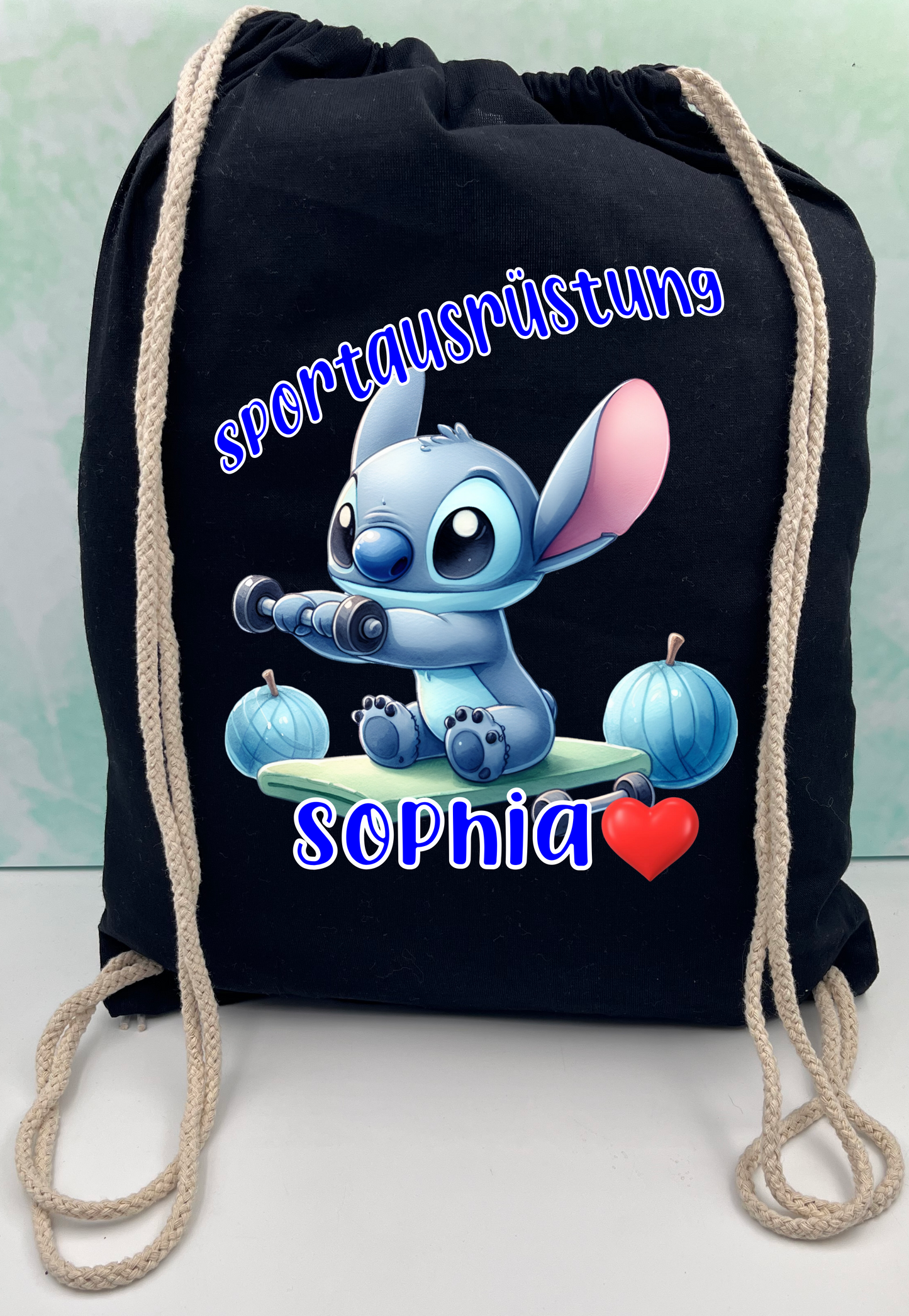 Black bag for kindergarten school, sports equipment stitch personalized.