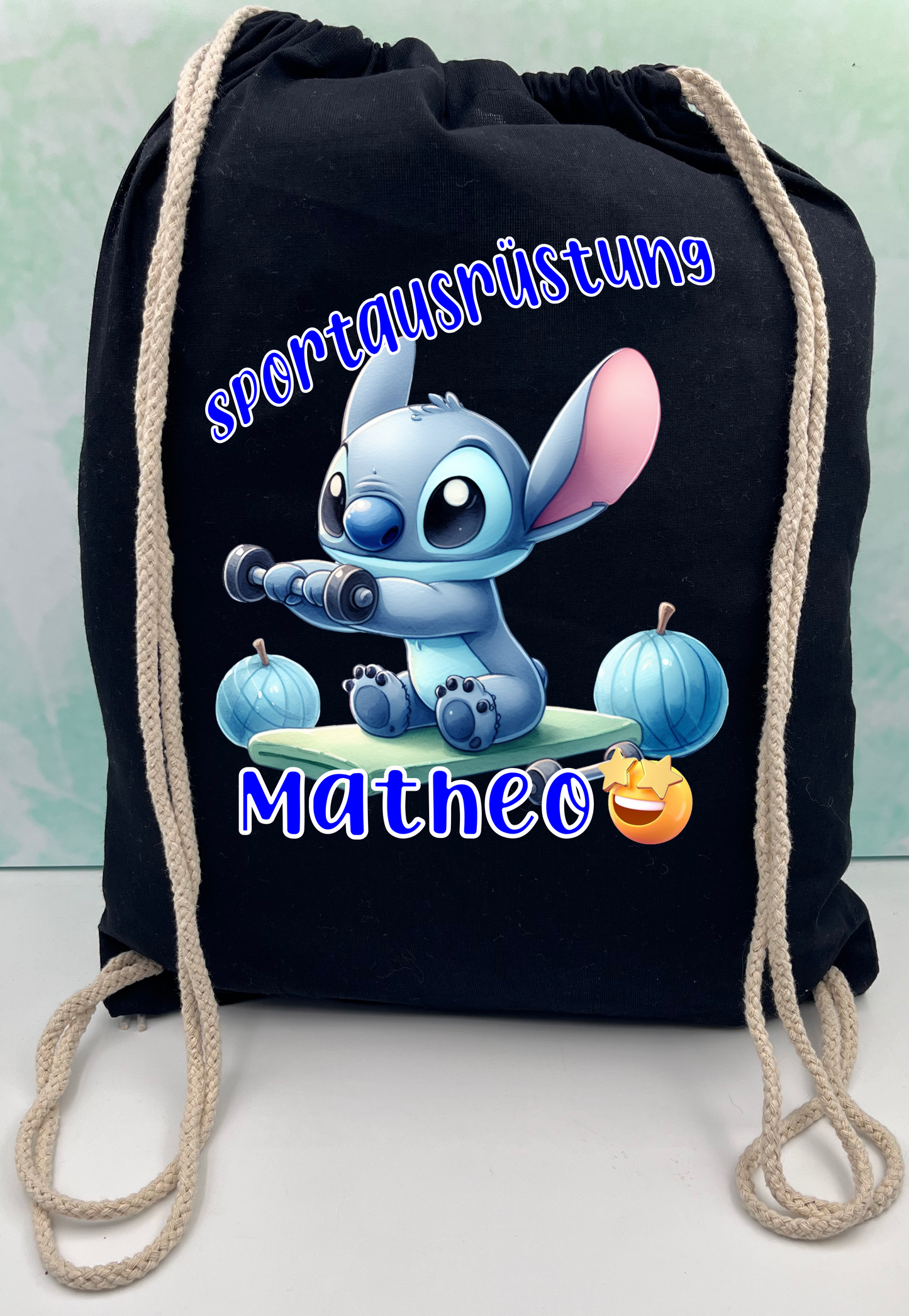 Black bag for kindergarten school, sports equipment stitch personalized.