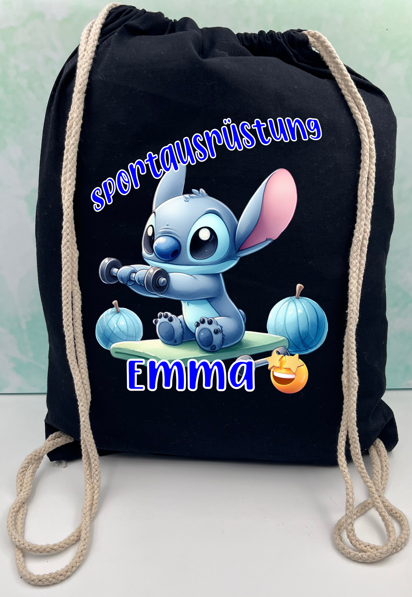Black bag for kindergarten school, sports equipment stitch personalized.
