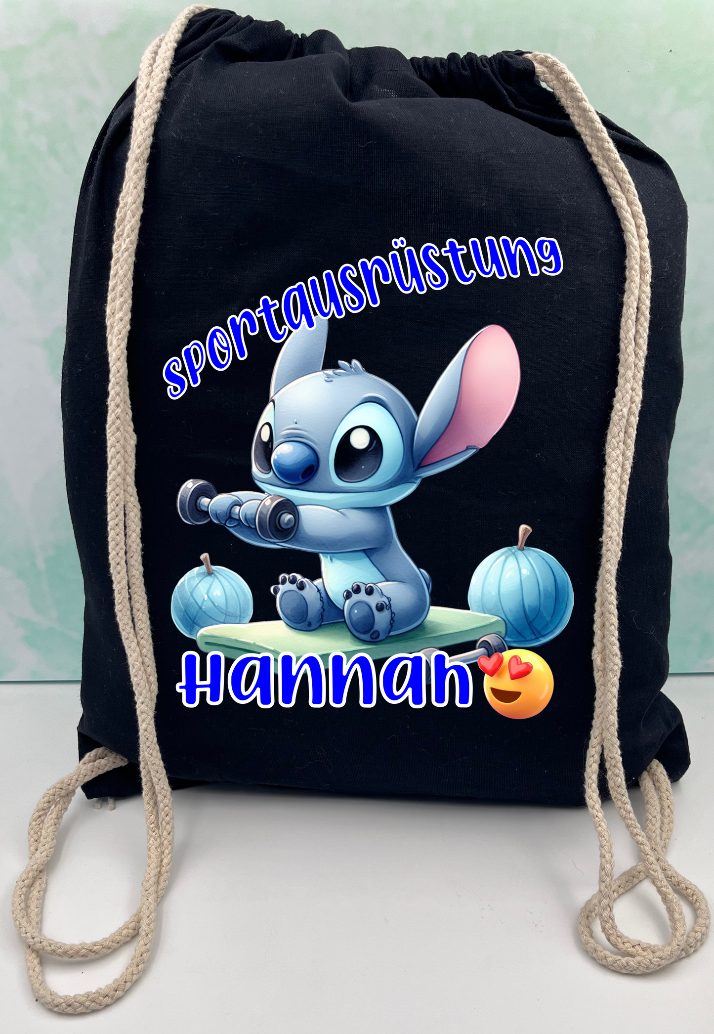 Black bag for kindergarten school, sports equipment stitch personalized.