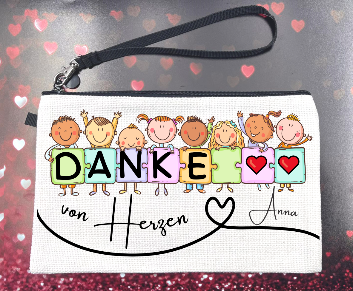 Mäppchen/Kulturbeutel aus Leinen “Danke” - für Erzieherinnen oder Lehrerinnen