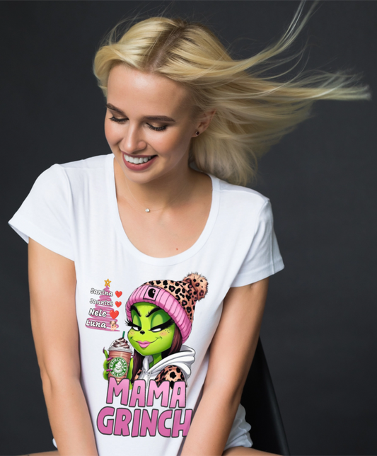 Baumwolle, T-Shirt, Mama Grinch, mit Kindername, Weihnacht, Grinchmas.