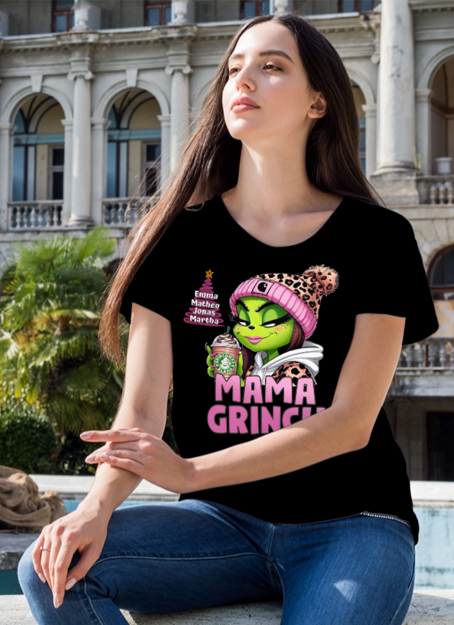 Baumwolle, T-Shirt, Mama Grinch, mit Kindername, Weihnacht, Grinchmas.