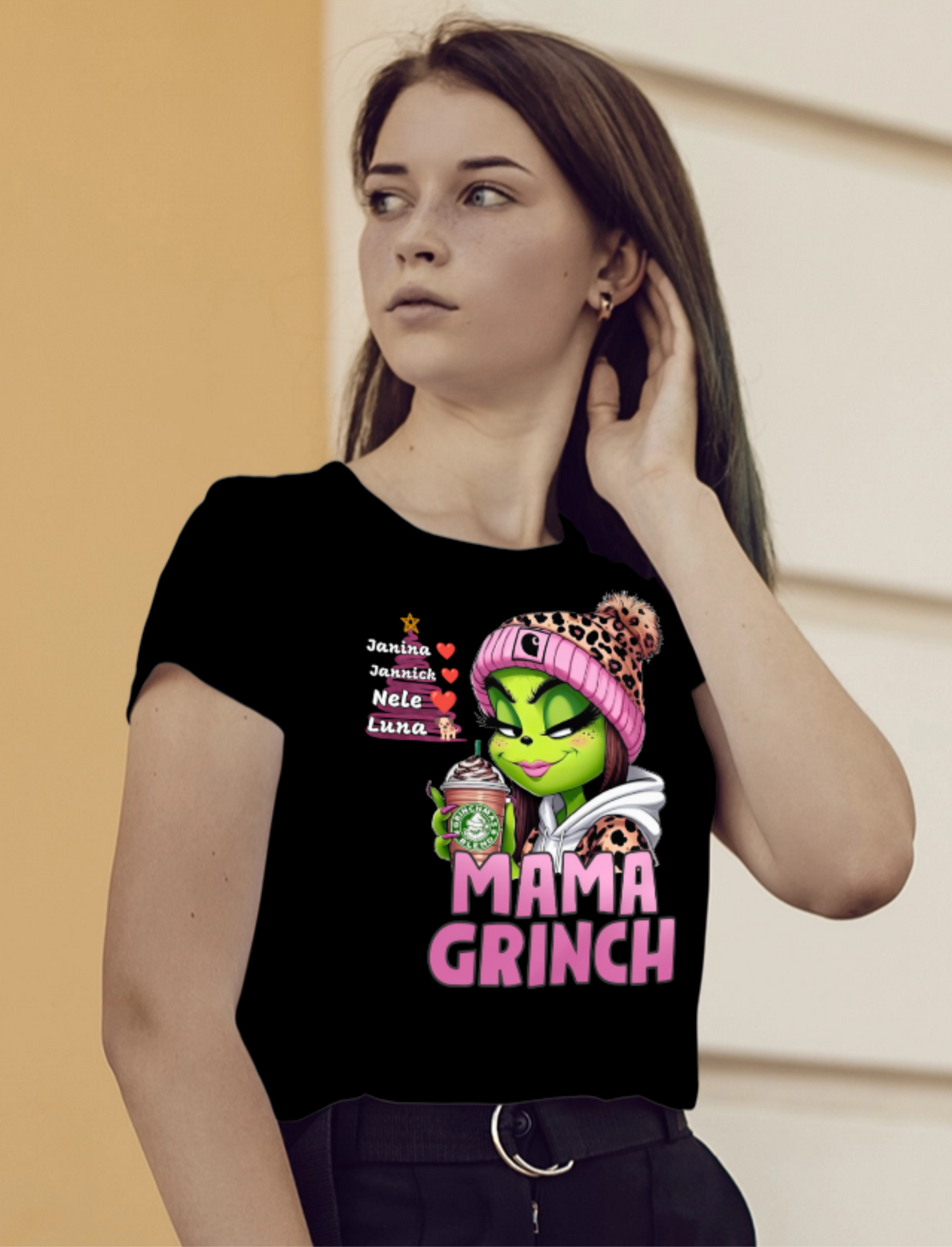 Baumwolle, T-Shirt, Mama Grinch, mit Kindername, Weihnacht, Grinchmas.