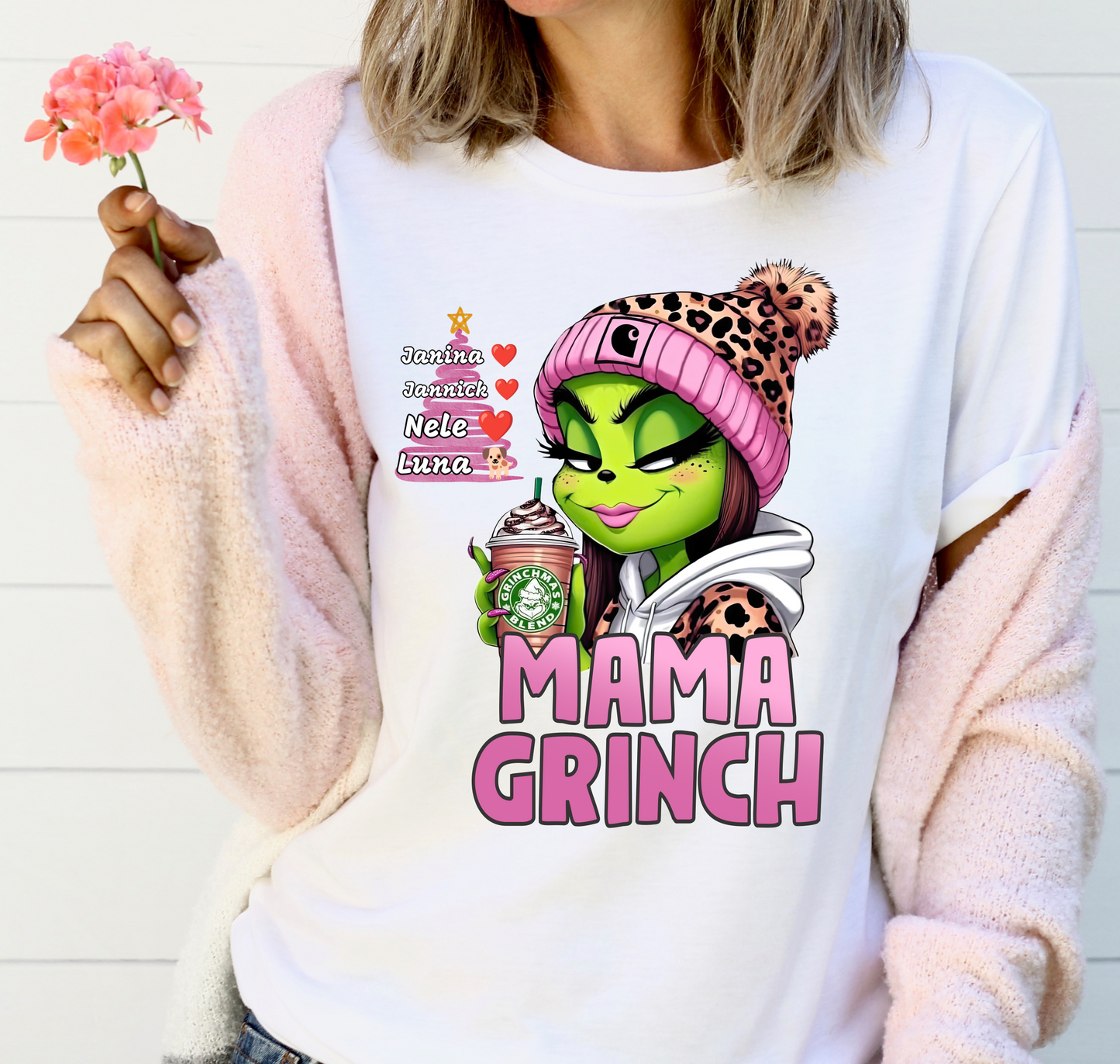 Baumwolle, T-Shirt, Mama Grinch, mit Kindername, Weihnacht, Grinchmas.