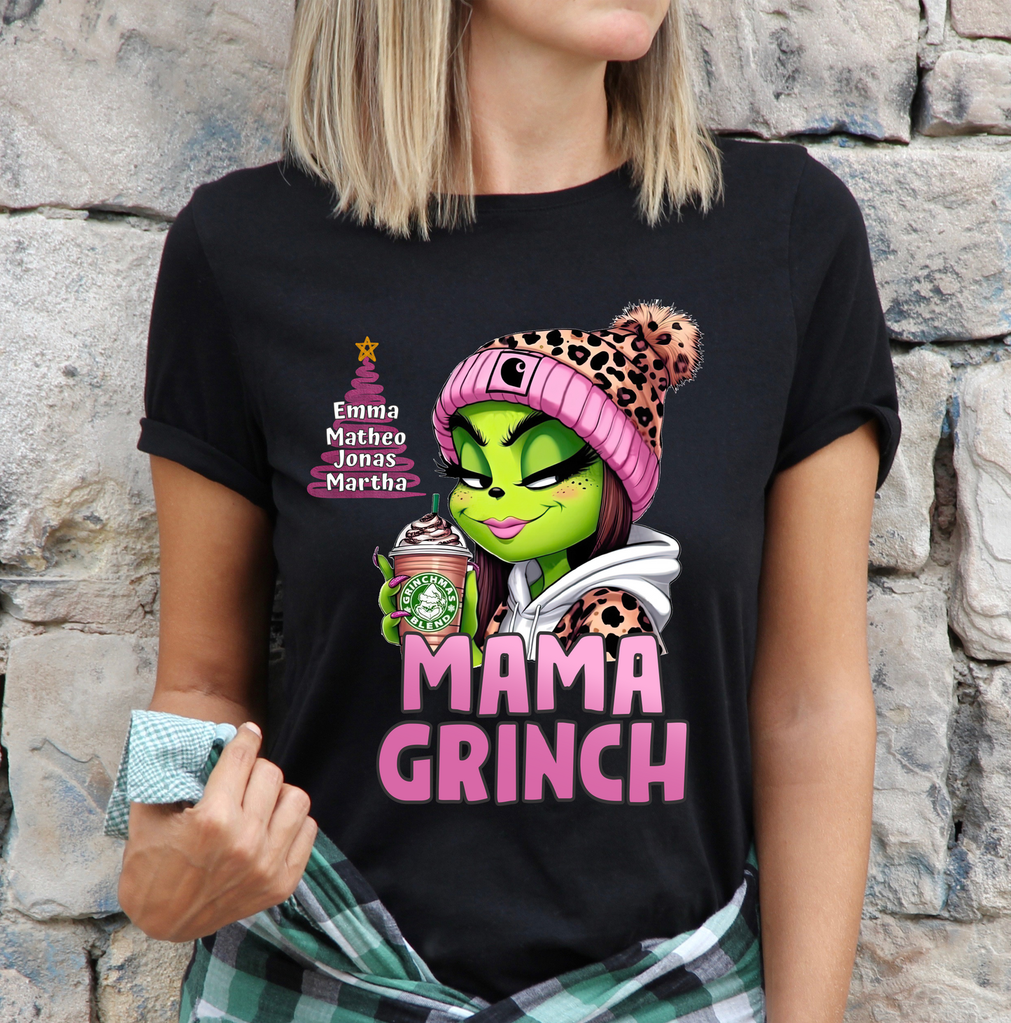 Baumwolle, T-Shirt, Mama Grinch, mit Kindername, Weihnacht, Grinchmas.