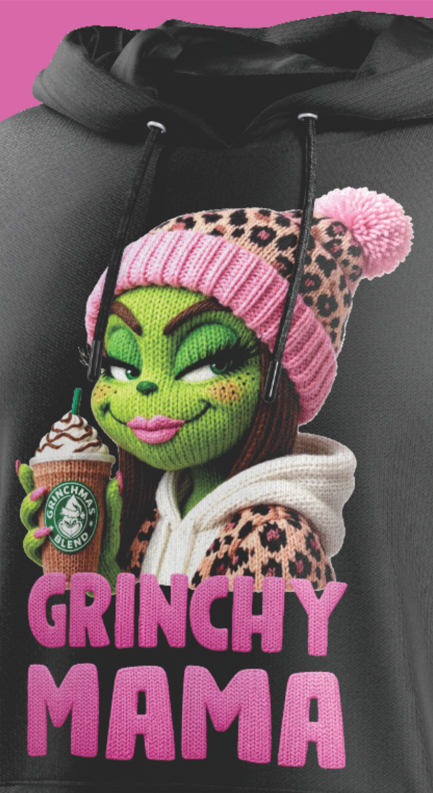 Valentinstag Strickwerk-Simulation Baumwolle, Hoodie, Grinchy Mama, mit Kindername.