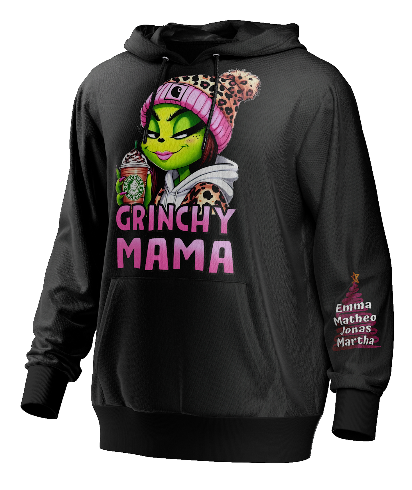 Valentinstag Baumwolle, Hoodie, Grinchy Mama, mit Kindername.