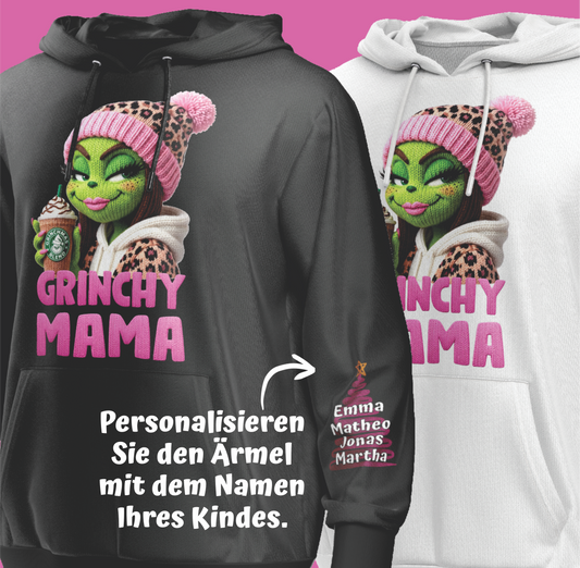 Valentinstag Strickwerk-Simulation Baumwolle, Hoodie, Grinchy Mama, mit Kindername.