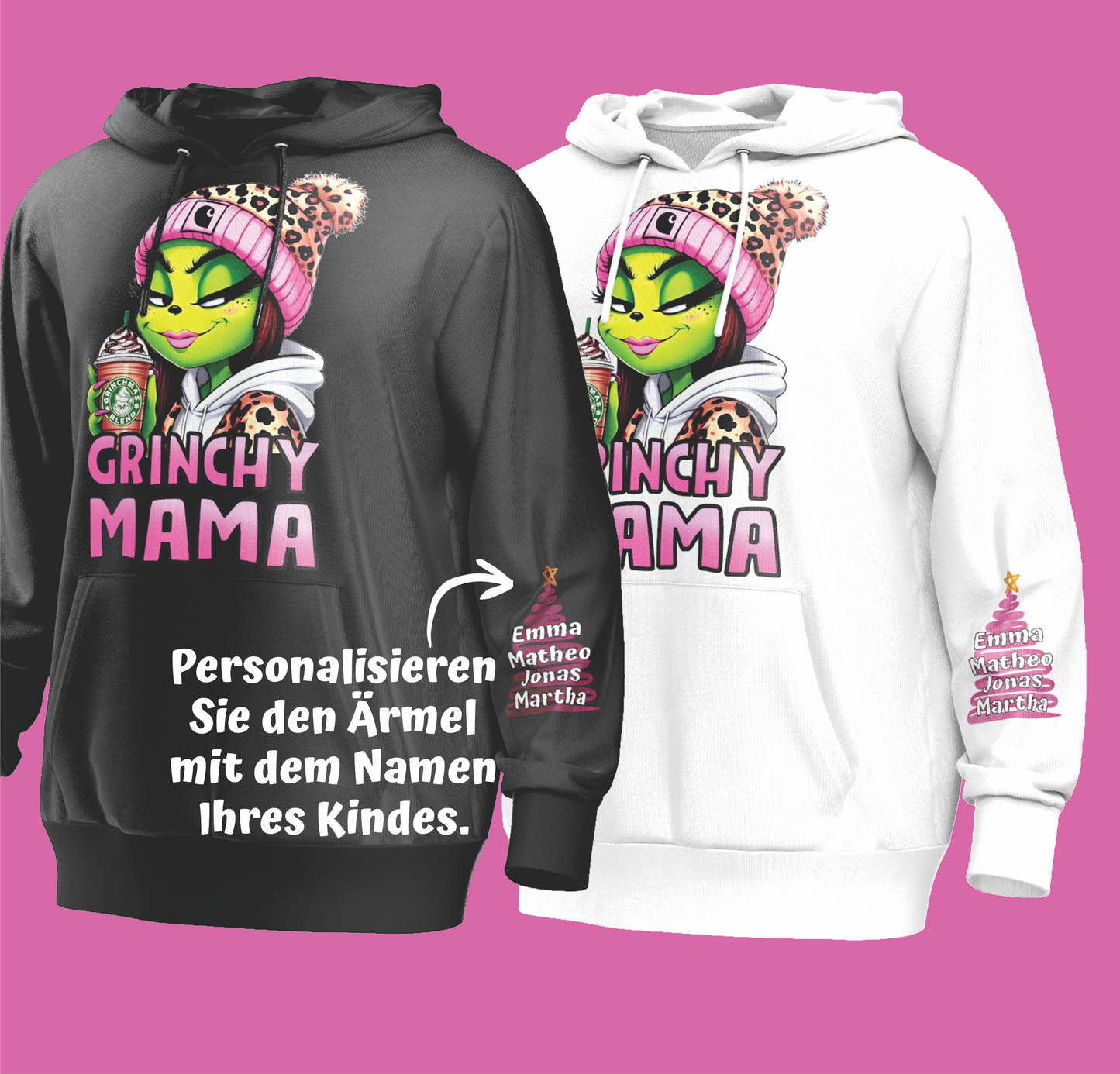 Valentinstag Baumwolle, Hoodie, Grinchy Mama, mit Kindername.
