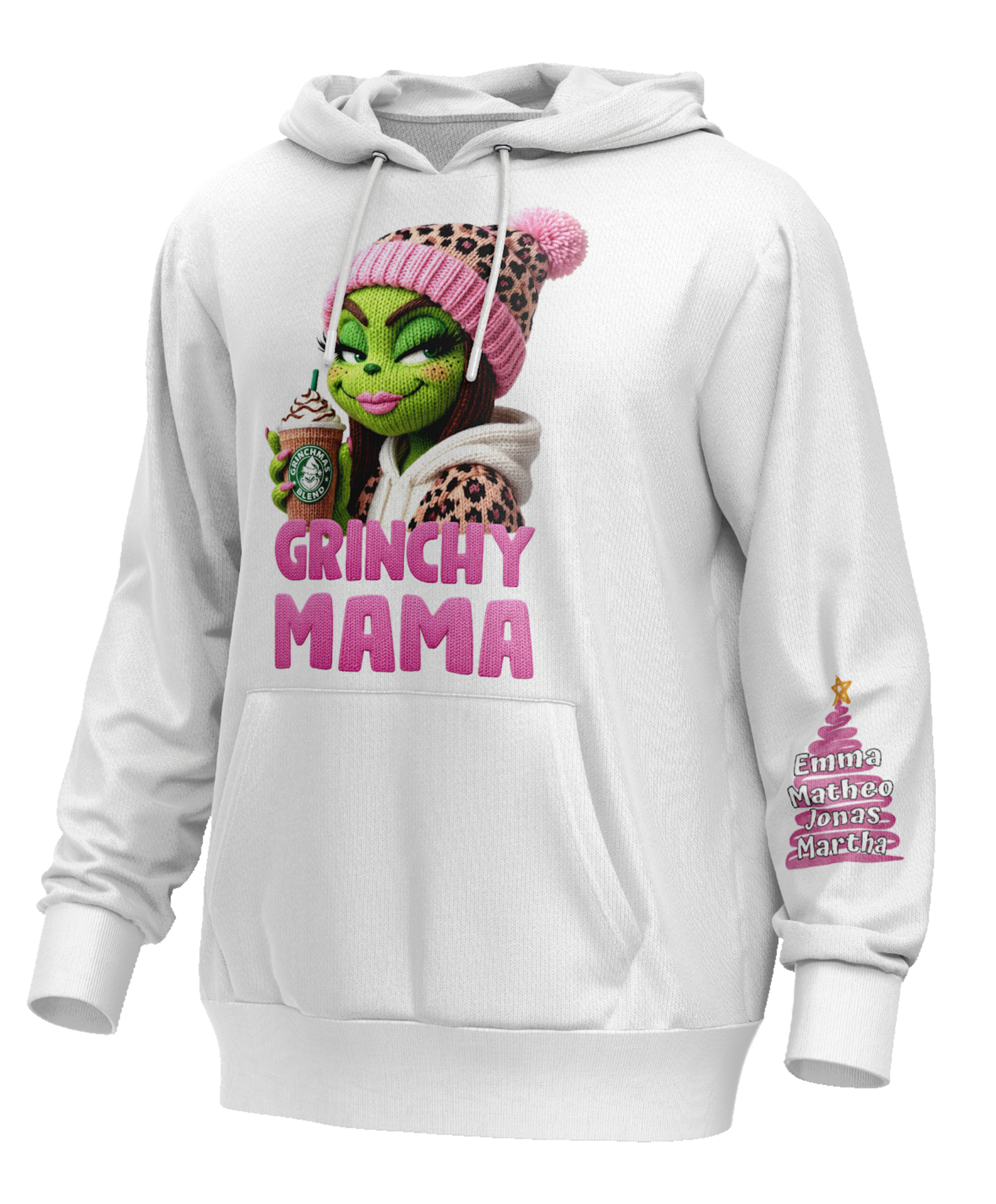 Valentinstag Strickwerk-Simulation Baumwolle, Hoodie, Grinchy Mama, mit Kindername.