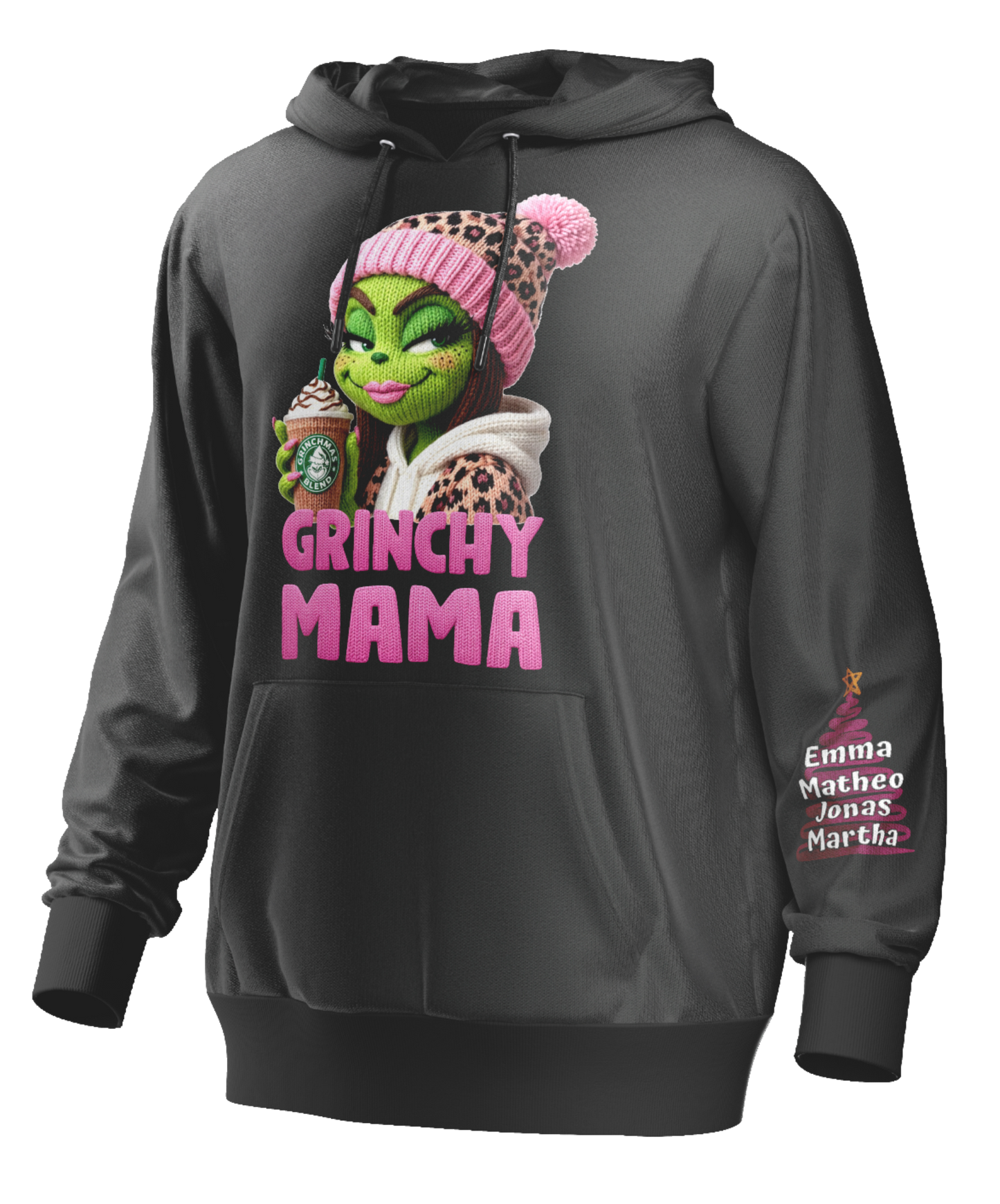 Valentinstag Strickwerk-Simulation Baumwolle, Hoodie, Grinchy Mama, mit Kindername.