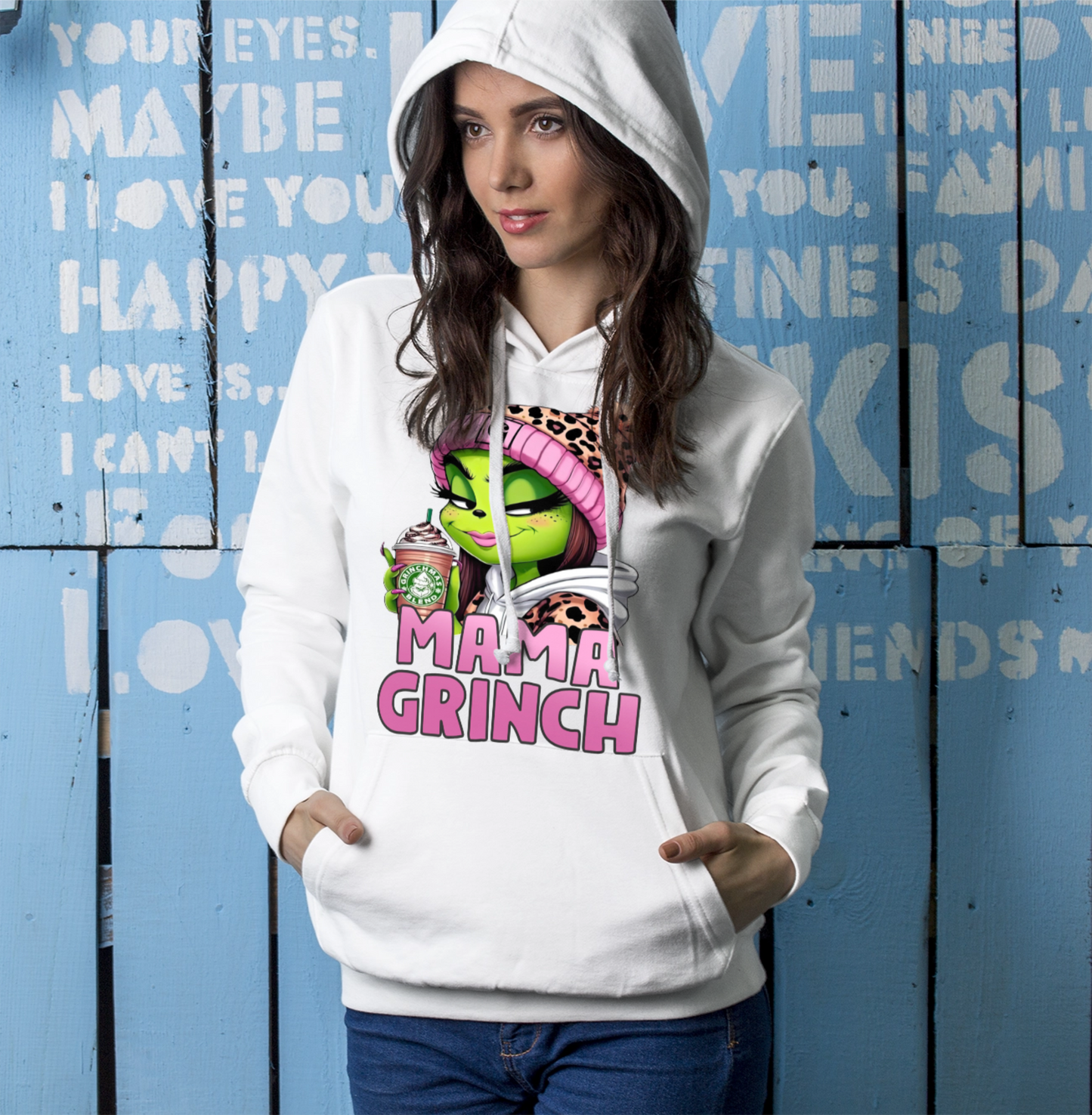 Baumwolle, Hoodie, Mama Grinch, mit Kindername, Weihnacht, Grinchmas.