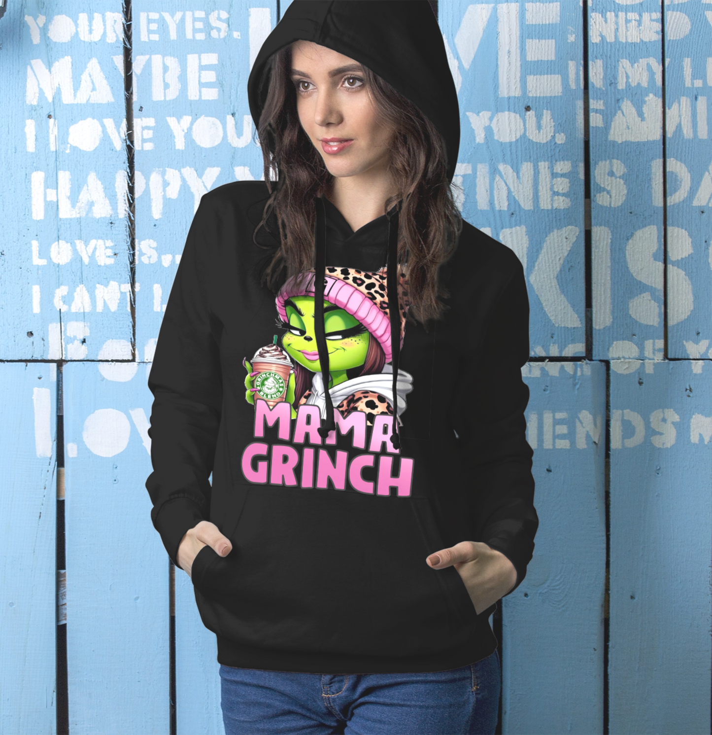 Baumwolle, Hoodie, Mama Grinch, mit Kindername, Weihnacht, Grinchmas.