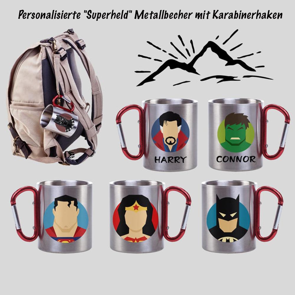 Personalisierte "Superheld" Metallbecher mit Karabinerhaken